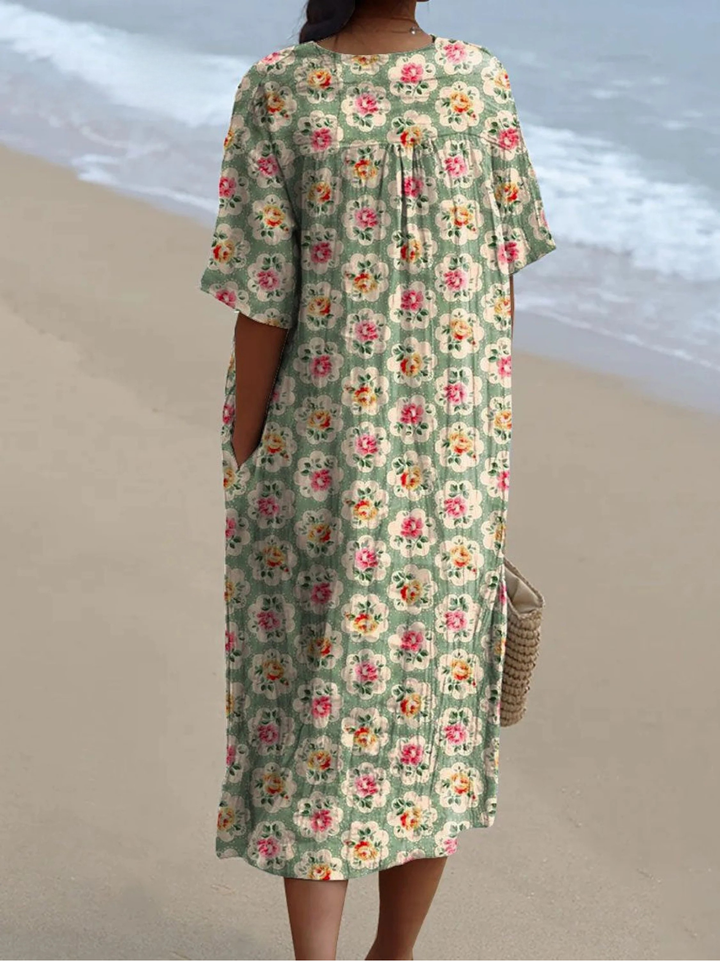 Women's Linen V-Neck Floral Print Midi Dress