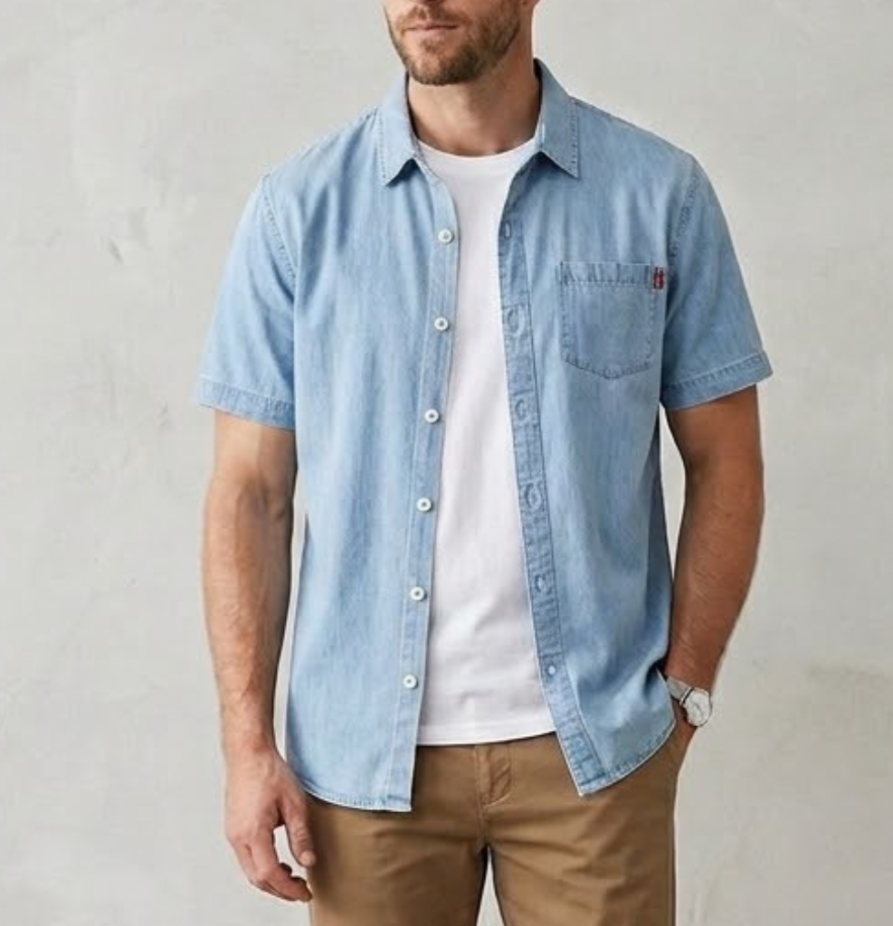 Men's Denim Short Sleeve Button Down Linen Shirt