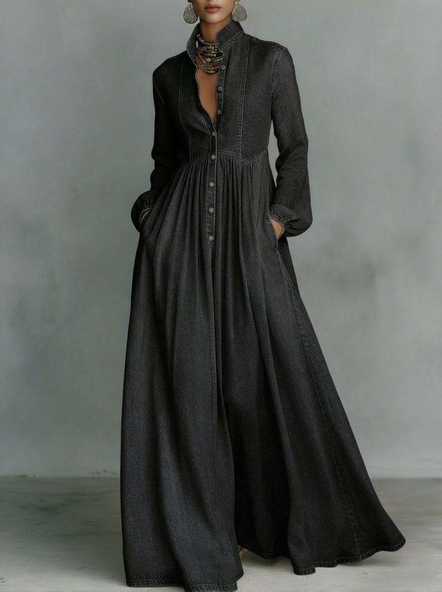Women's Denim Long Sleeve Casual A-Line Maxi Shirt Dress