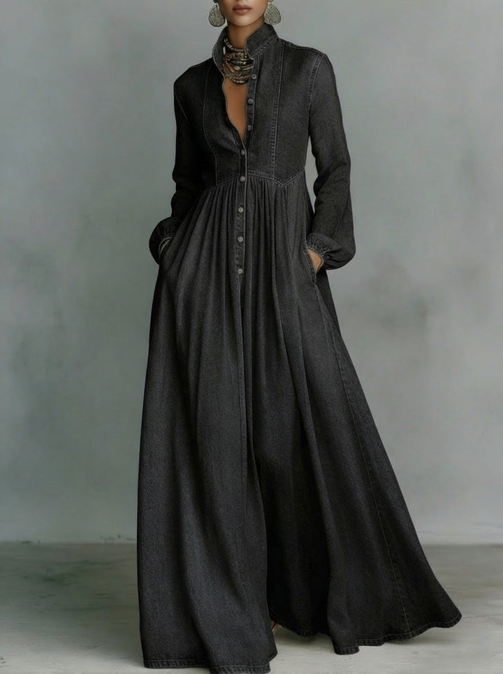 Women's Denim Long Sleeve Casual A-Line Maxi Shirt Dress