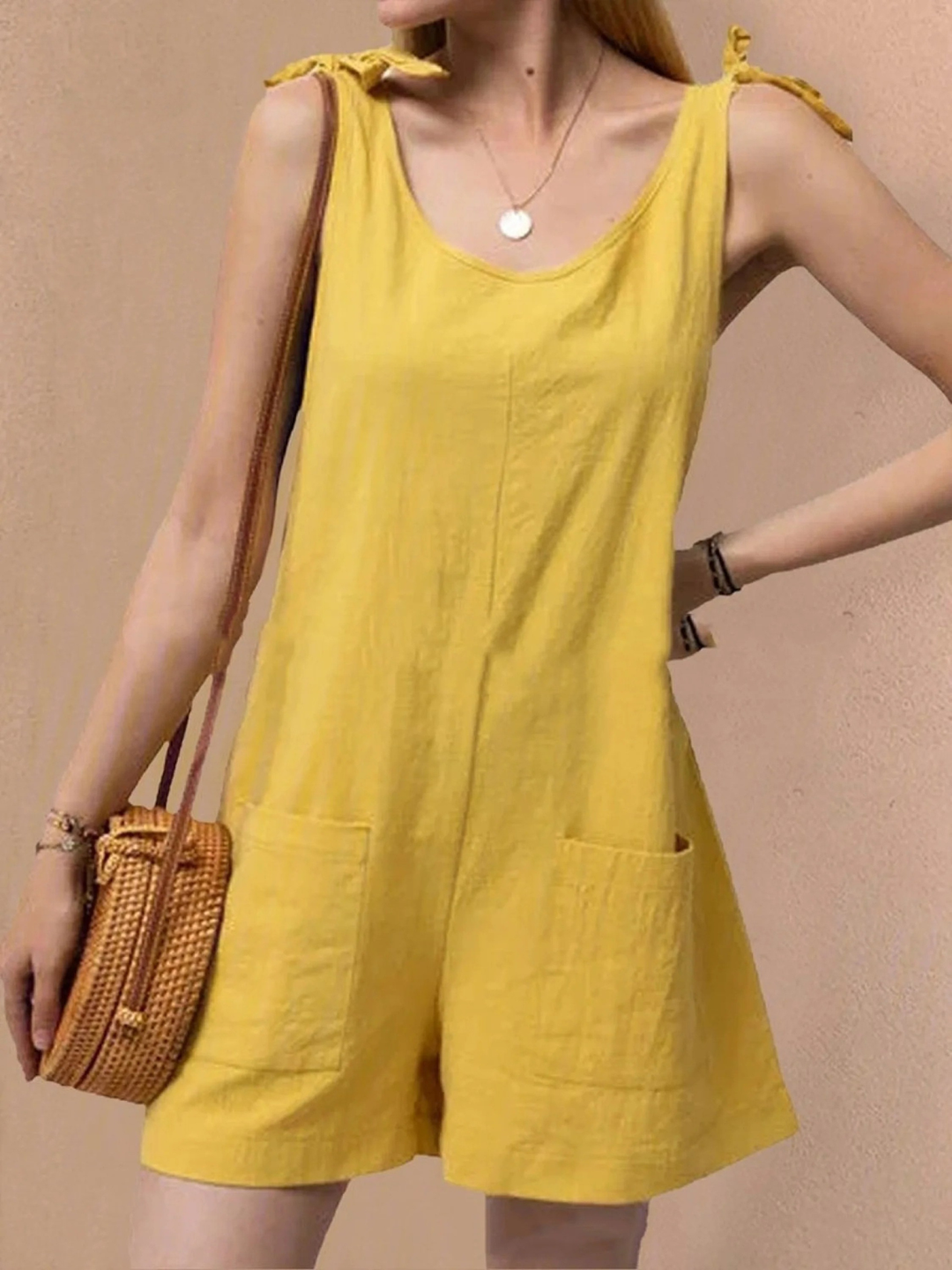 Women's Linen Sleeveless Romper V-Neck Overalls Jumpsuit