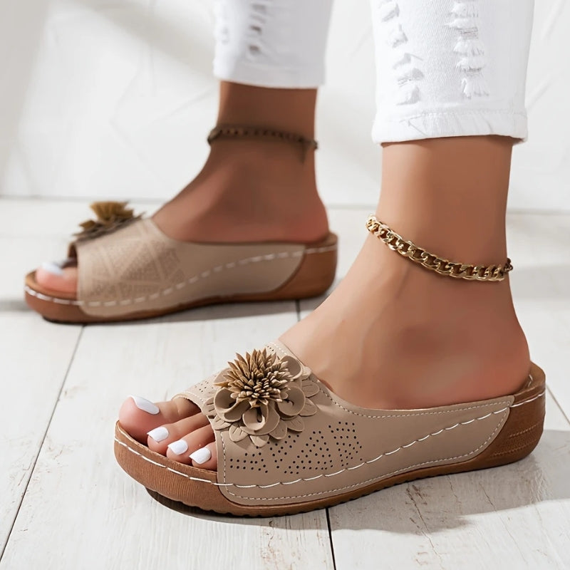 Women's Leather Wedge Sandals Open Toe Platform Mules
