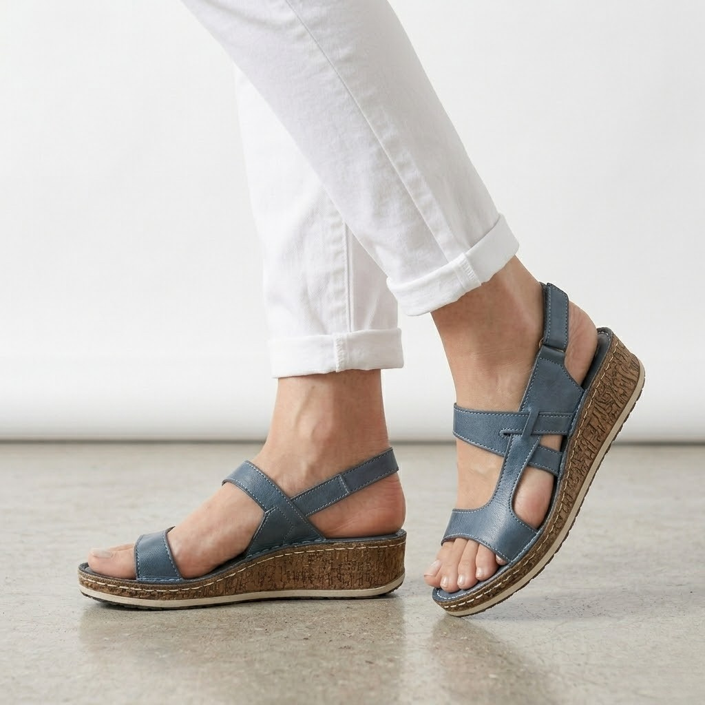 Women's Leather Cork Wedge Comfort Sandals