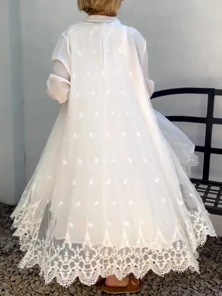 Women's Linen Blend Lace Trim Embroidered Longline Shirt Dress