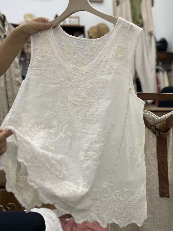 Women's Embroidered Linen Tank Top Sleeveless Blouse