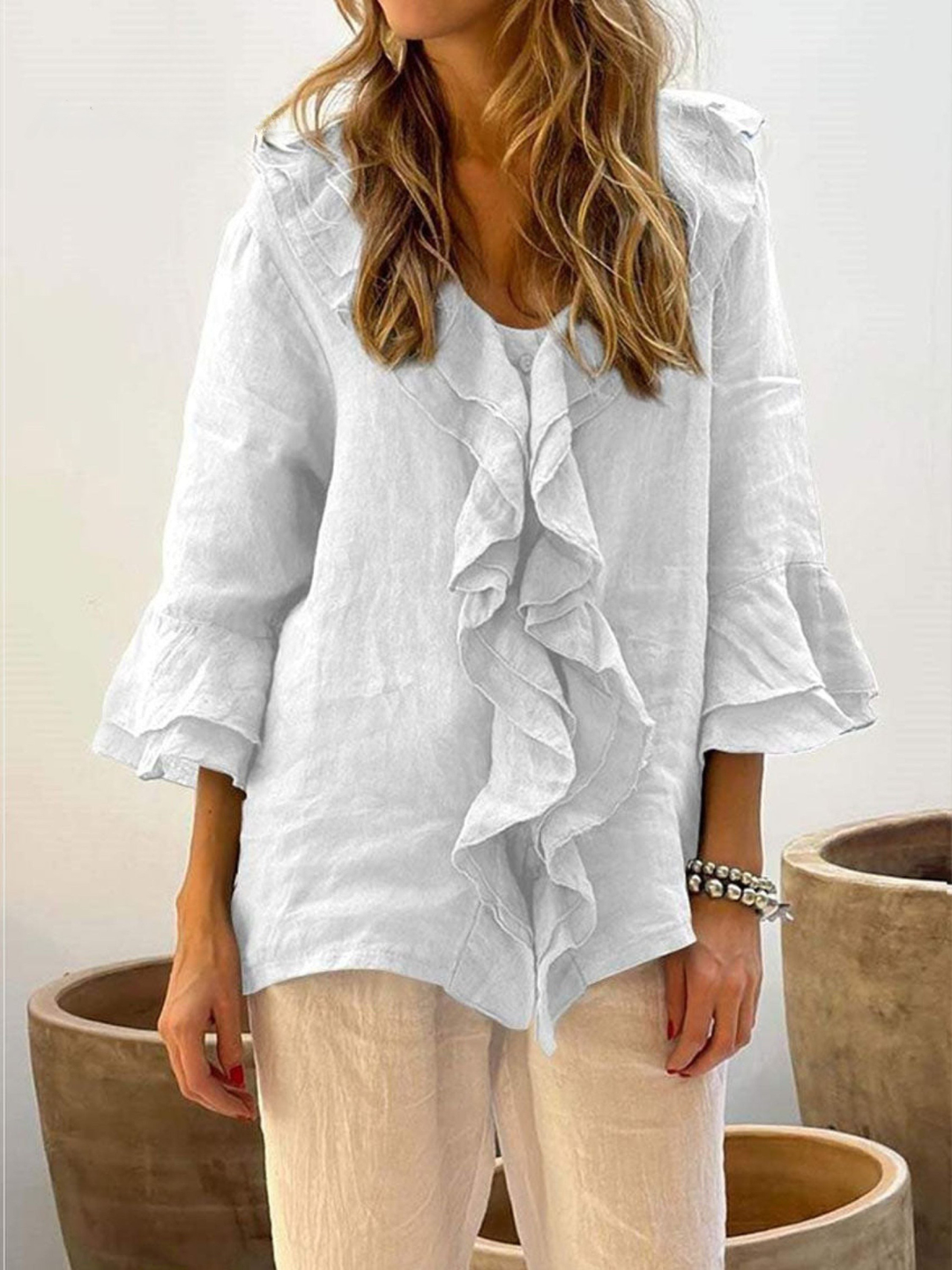 Women's Linen Ruffle Blouse and Wide Leg Trousers Pants