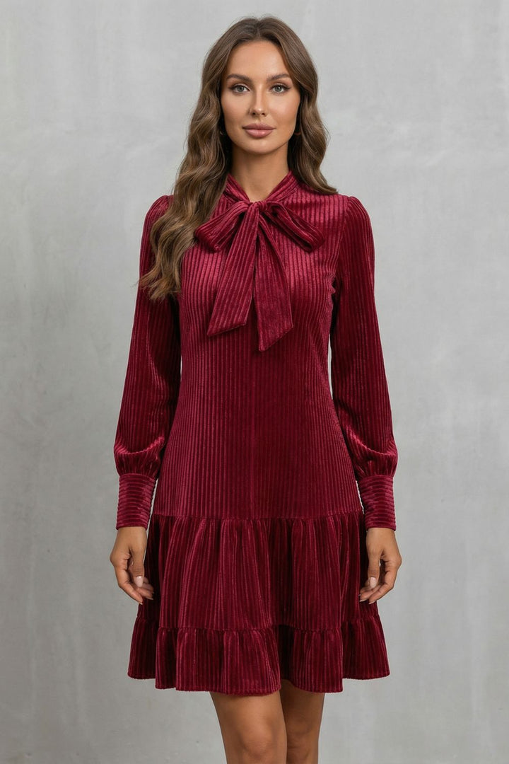 Women’s Velvet Bow-Tie Neck Tiered Mini Dress