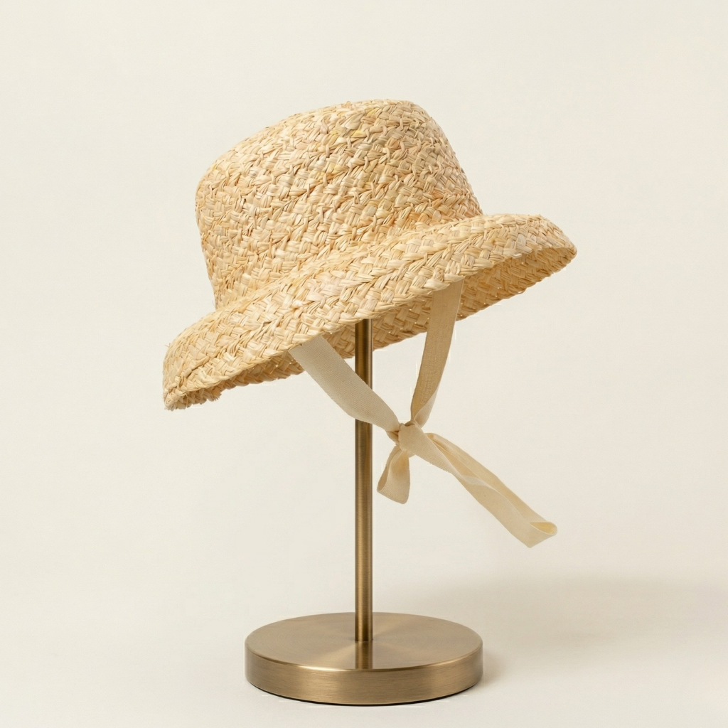 Girls Straw Sun Hat with Ribbon Chin Strap Wide Brim Kids Beach Hat