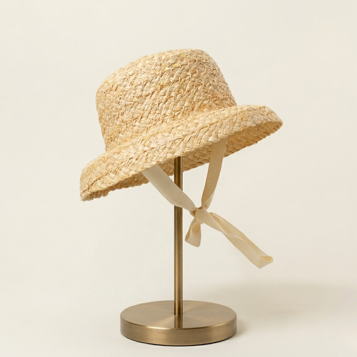 Girls Straw Sun Hat with Ribbon Chin Strap Wide Brim Kids Beach Hat