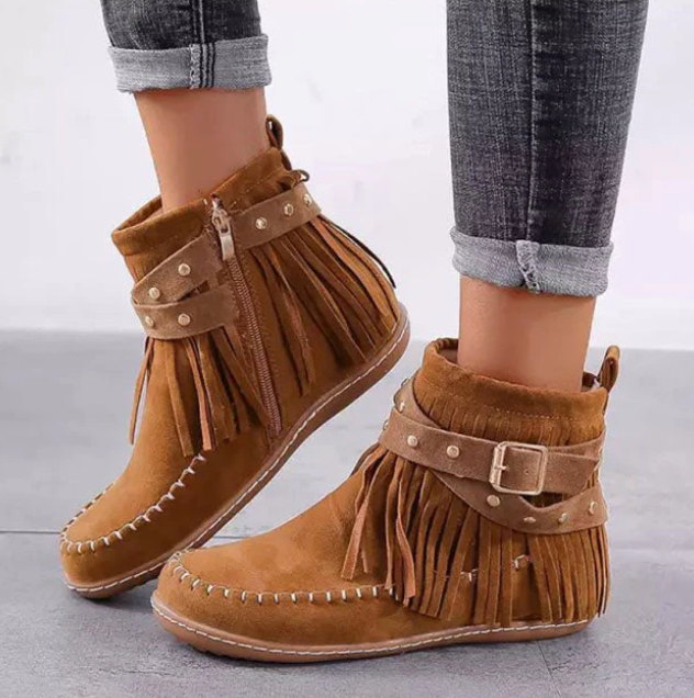 Women's Suede Fringe Ankle Boots Flat Moccasin Booties