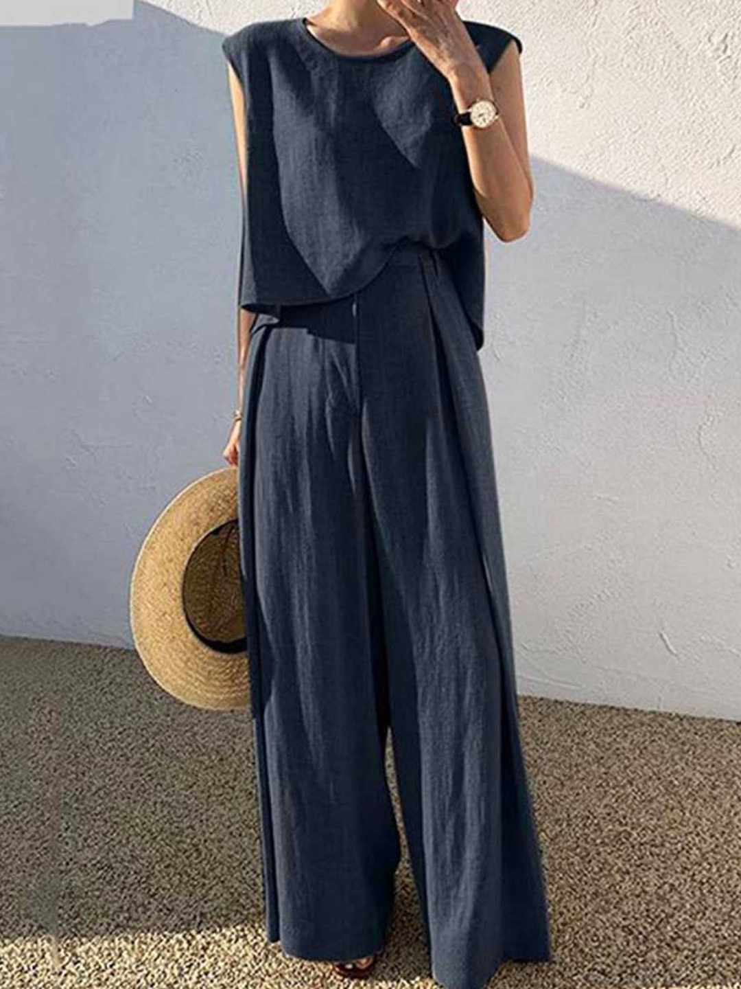 Linen Two Piece Set Women Wide Leg Trousers and Sleeveless Top