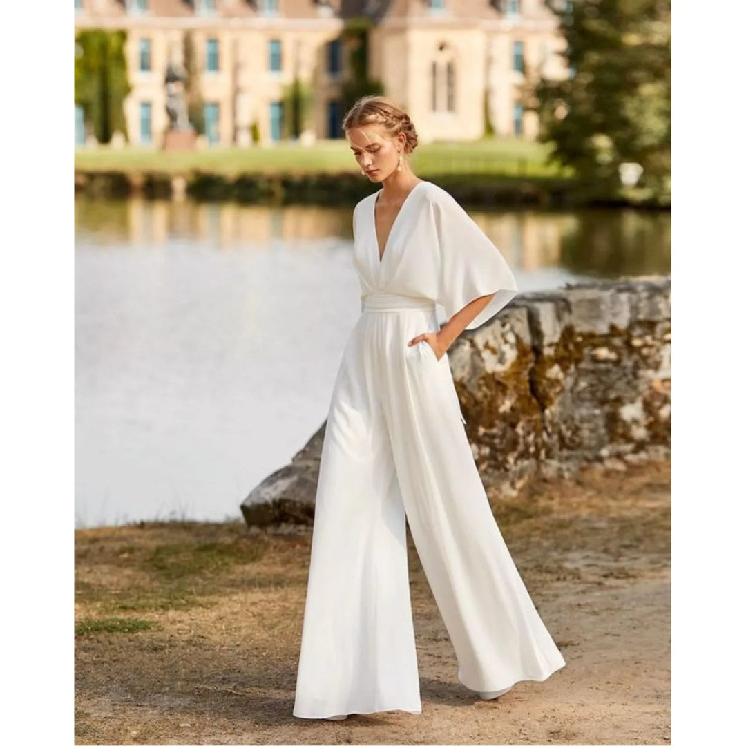 Women's Elegant V-Neck Satin Wide Leg Jumpsuit