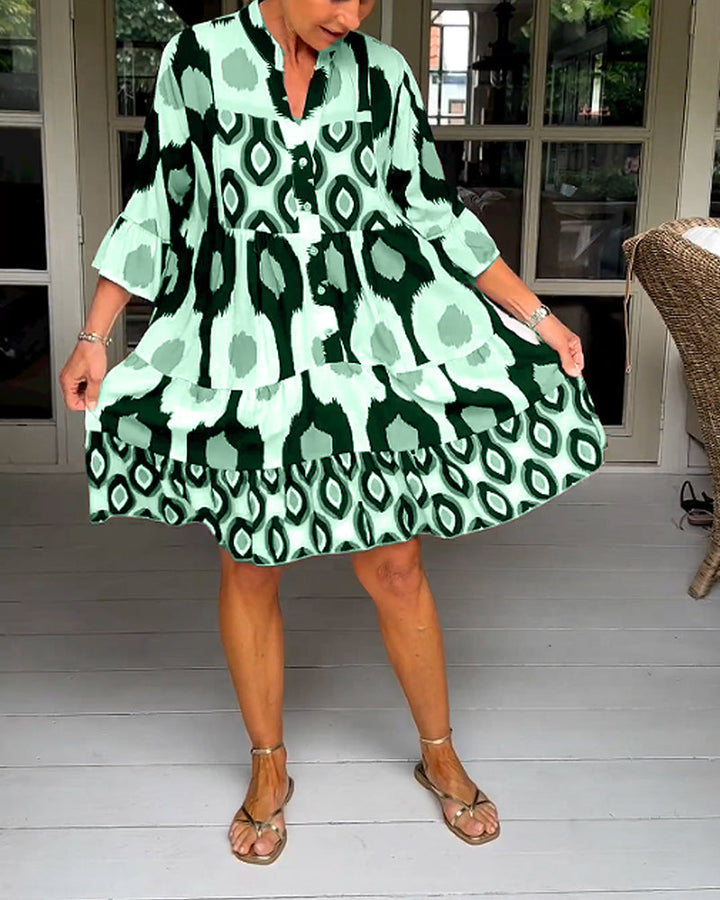 Women's Abstract Print V Neck Tiered Linen Shift Dress