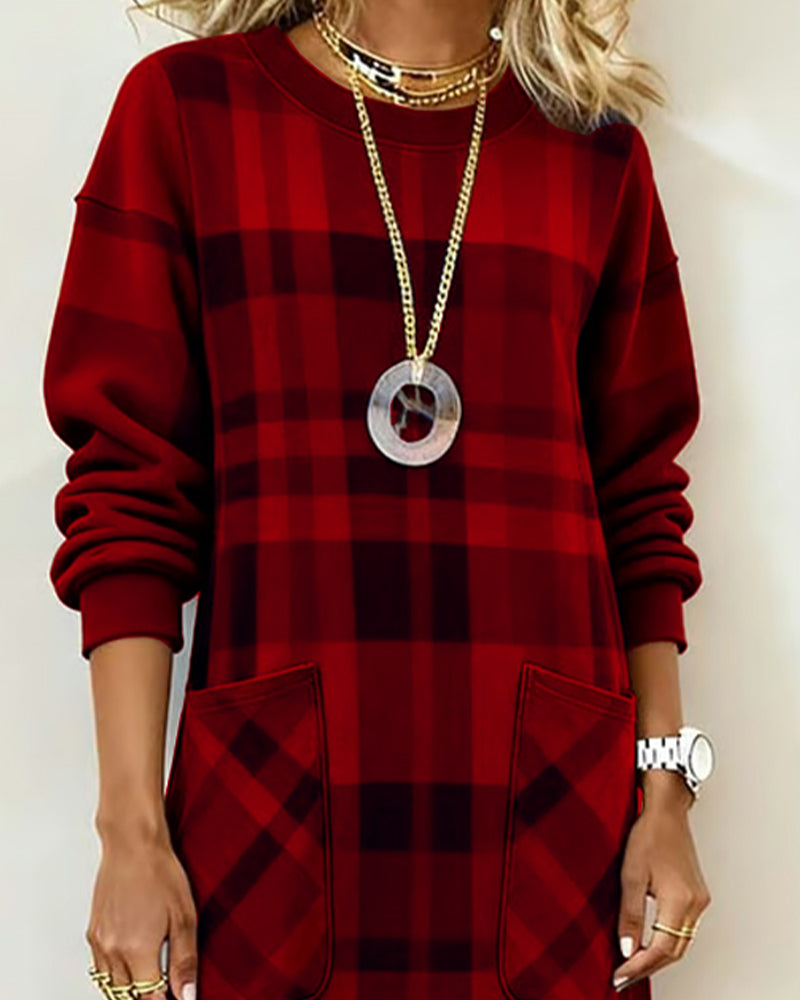 Women's Knit Round-Neck Plaid Shift Dress