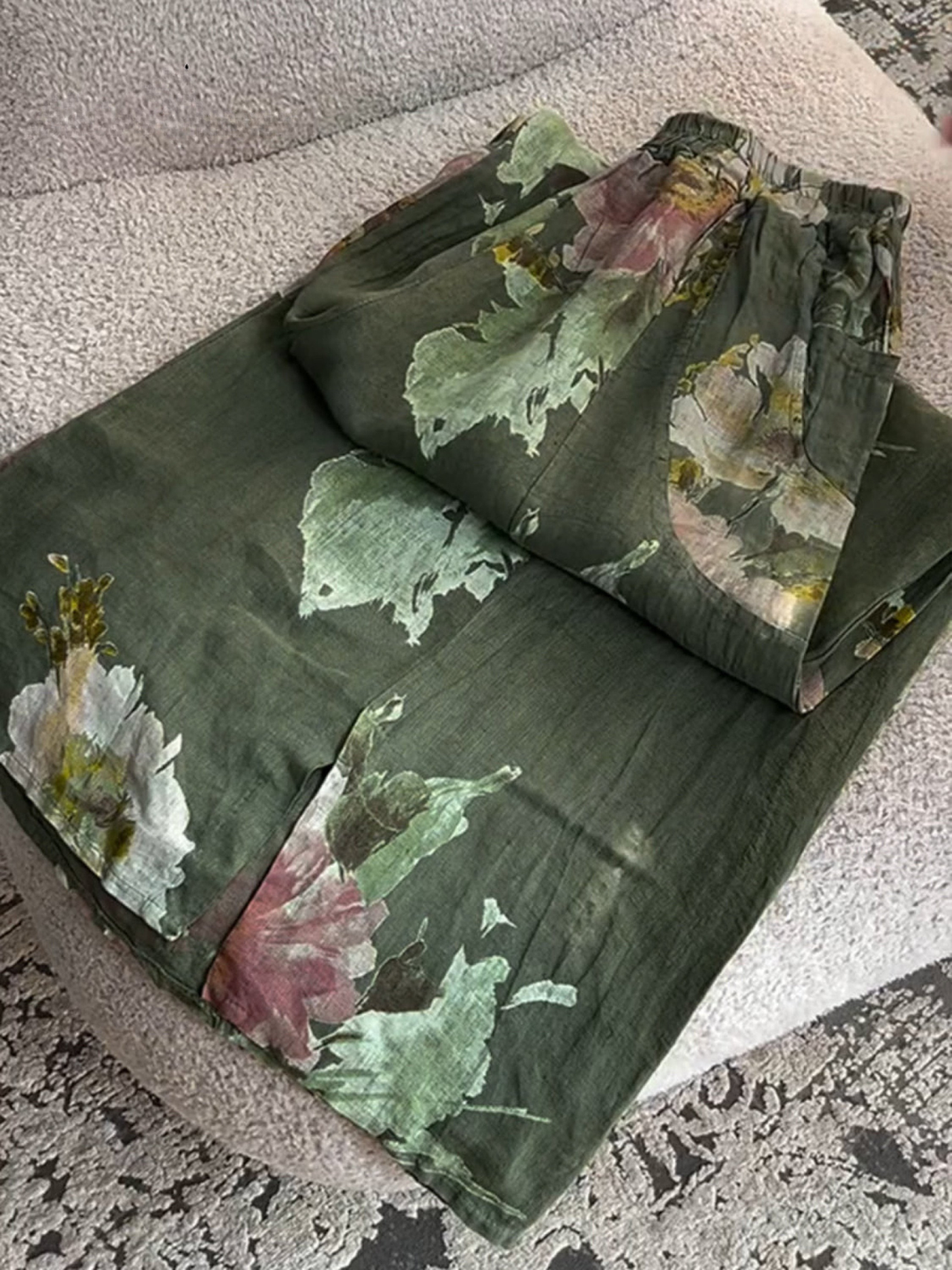 Women's Floral Linen Wide Leg Trousers Relaxed Fit Pants