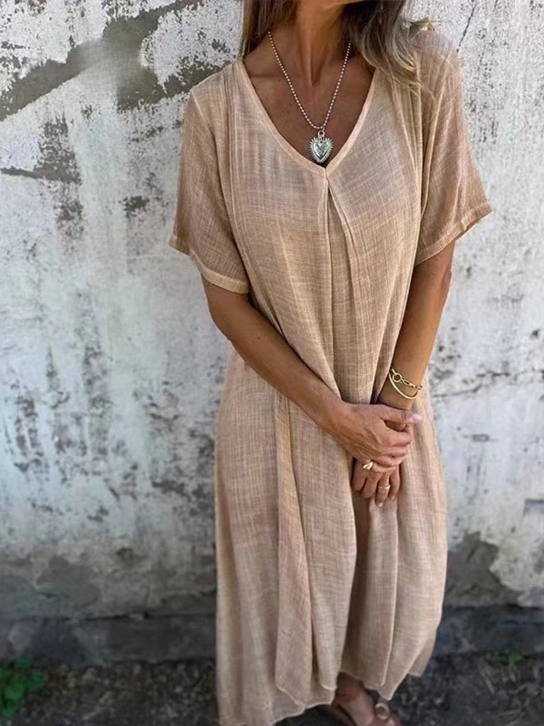 Women's Linen V-Neck Maxi Dress Short Sleeve Loose Fit Kaftan Style