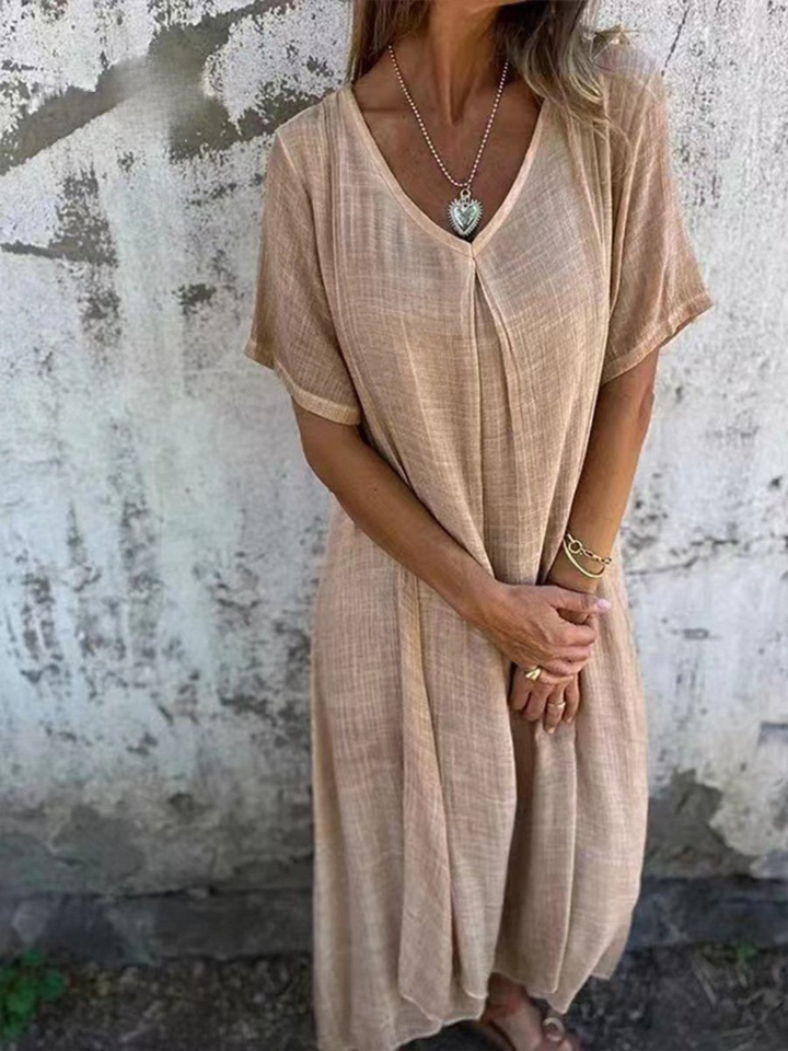 Women's Linen V-Neck Maxi Dress Short Sleeve Loose Fit Kaftan Style