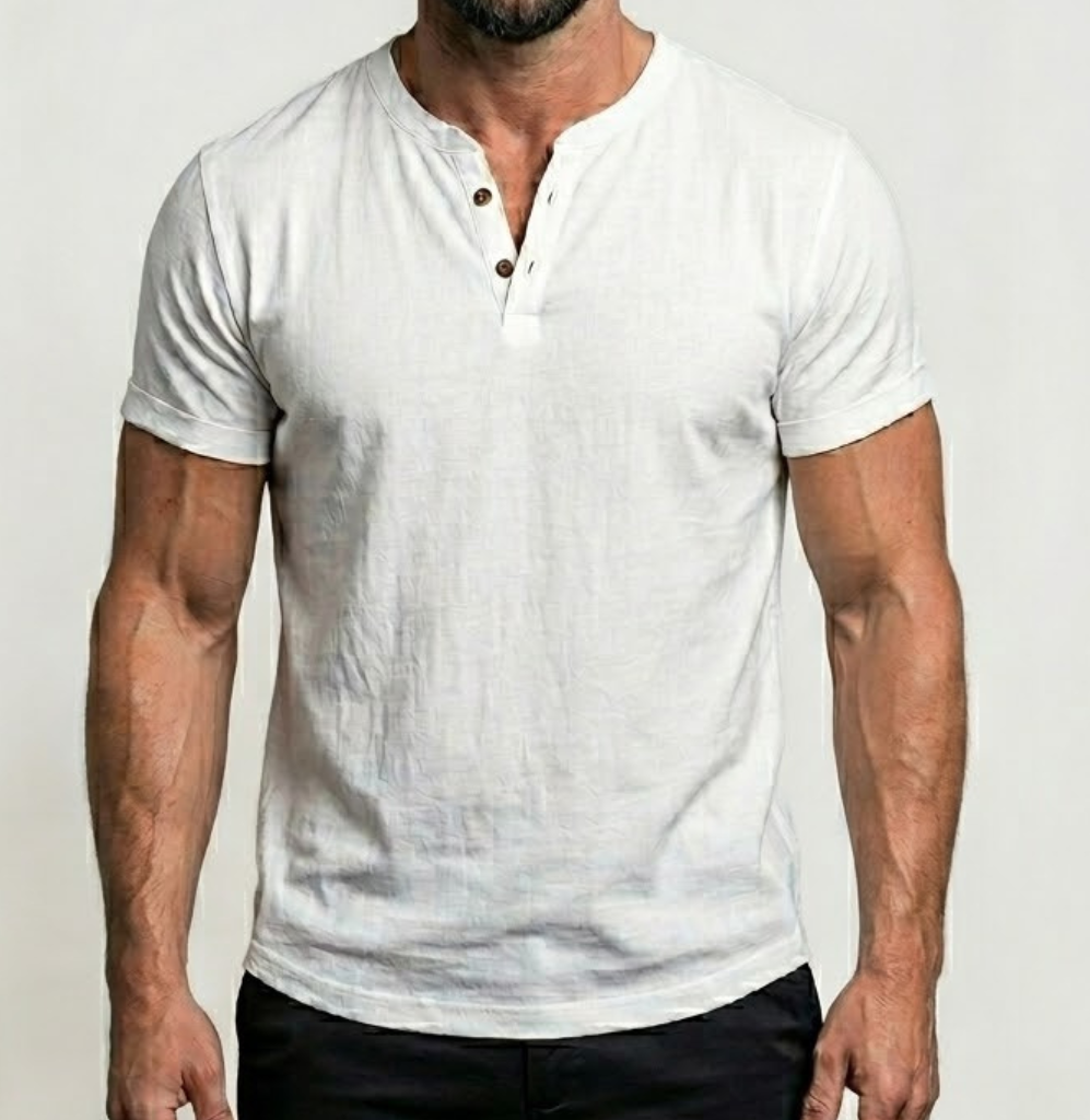 Men's Linen Henley V-Neck Short Sleeve Casual T-Shirt
