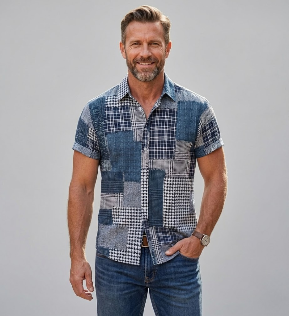Men's Short Sleeve Linen Blend Abstract Patchwork Relaxed Fit Shirt