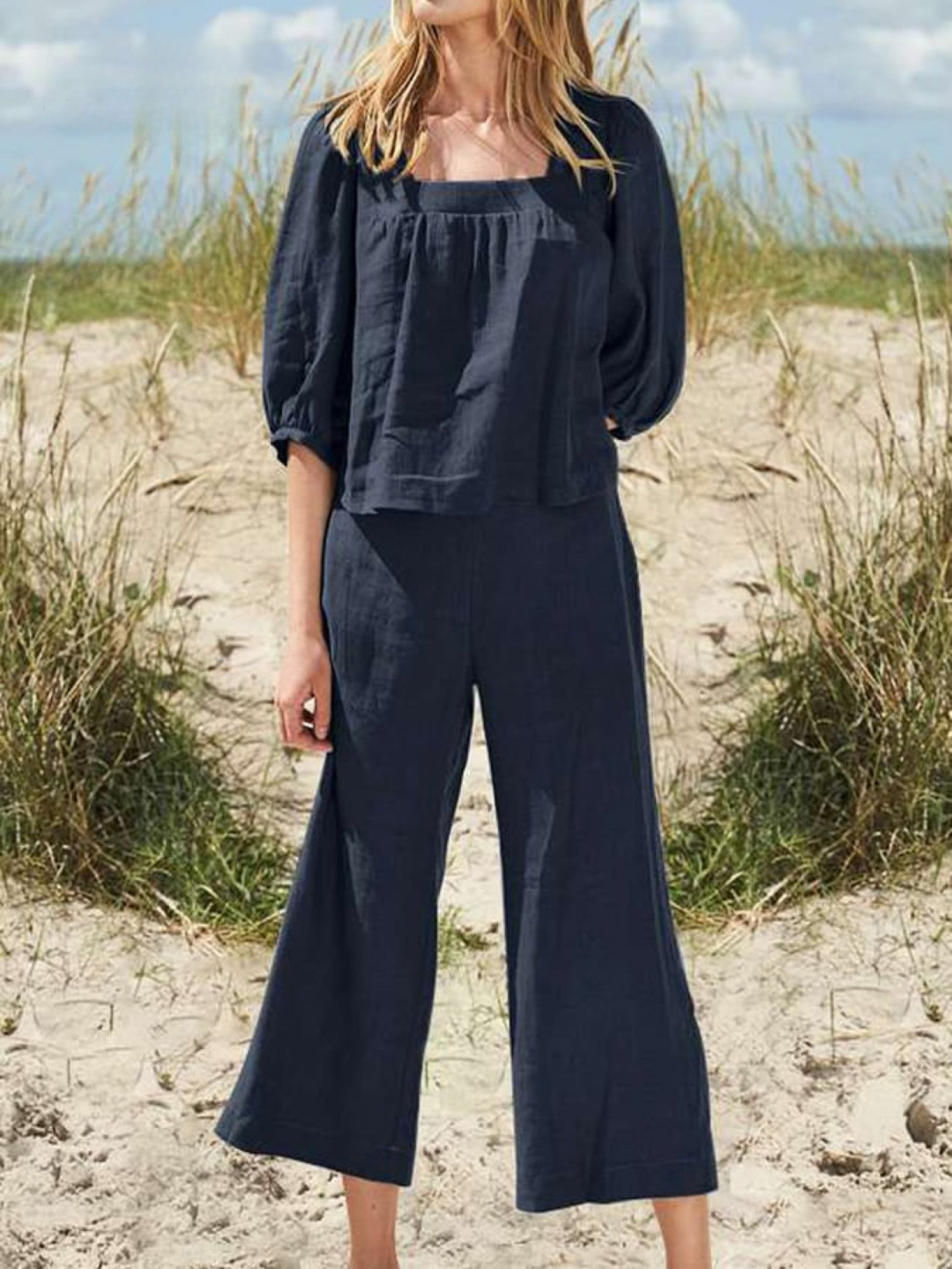 Women's Linen Two Piece Set Wide Leg Trousers and Puff Sleeve Top