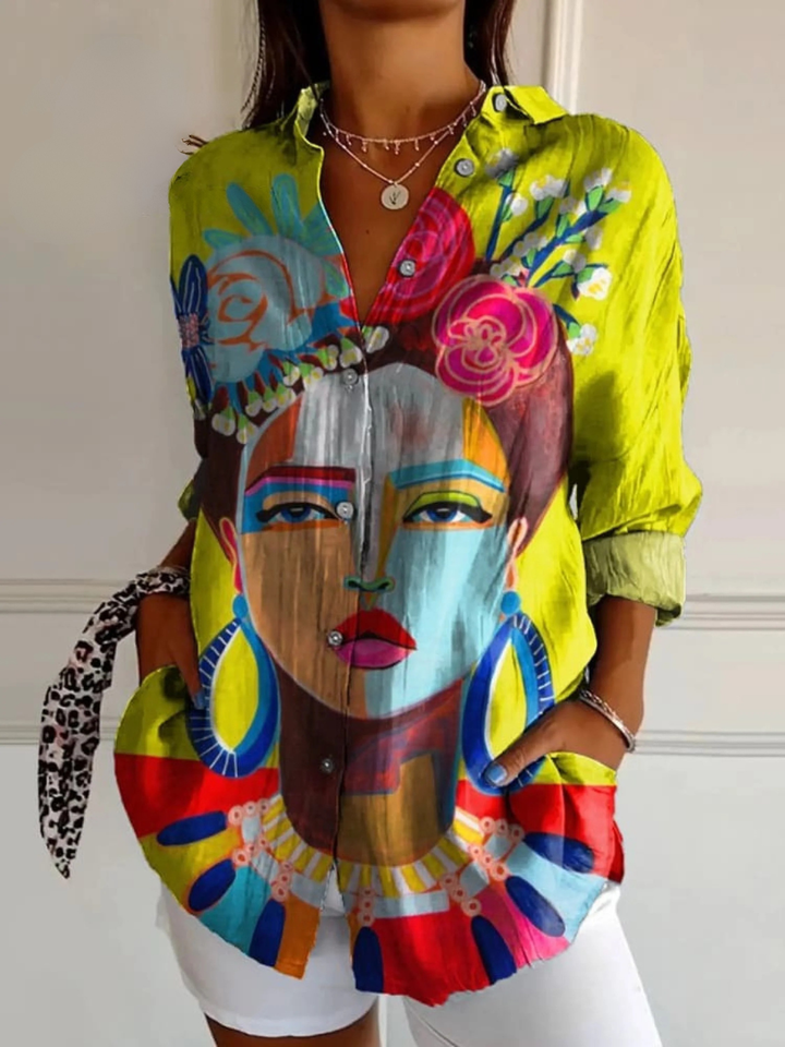 Women's Oil Painting Portrait Print Linen Shirt