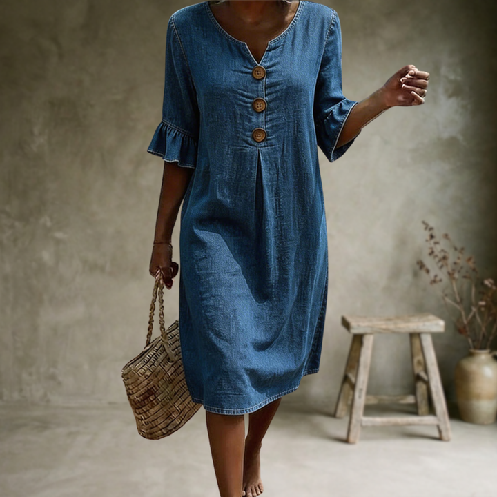 Linen V Neck Flute Sleeve Midi Dress for Women