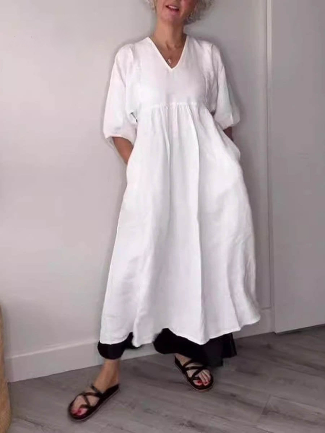 Women's V-Neck Linen Maxi Dress With Half Sleeves