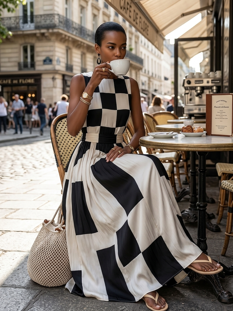 Női ujjatlan, lenvászonból készült, geometrikus patchwork mintás, lenge maxi ruha