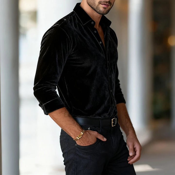 Men's Tailored Long-Sleeve Velvet Button-Up Dress Shirt