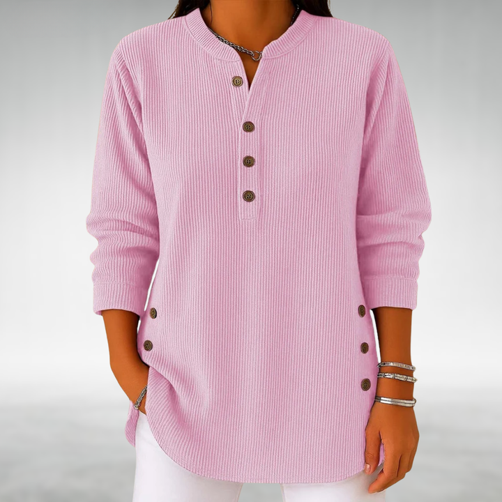 Damska tunika z prążkowanego sztruksu, z dekoltem henley, długimi rękawami i obszyciem zapinanym na guziki z boku
