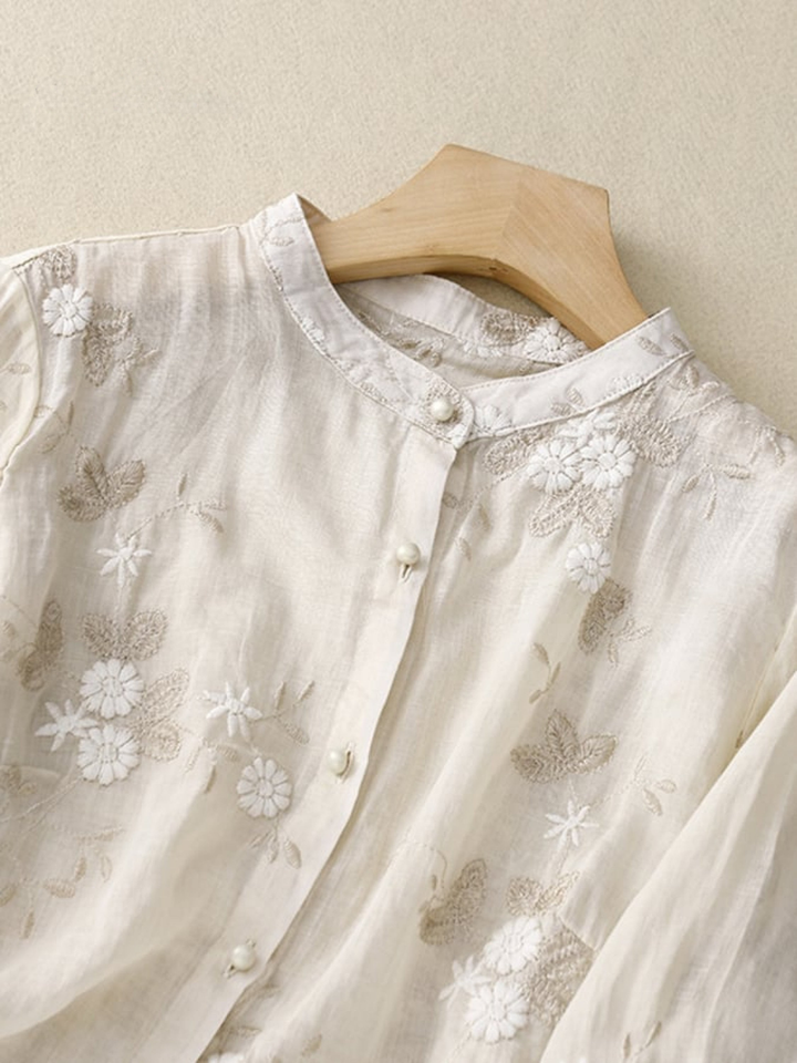 Women's Embroidered Silk Blouse Lightweight Floral Mesh Shirt Tunic