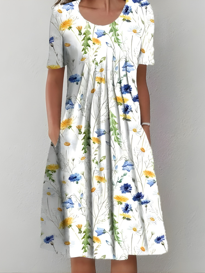 Women's Linen Floral Sundress Casual Short Sleeve Midi Dress