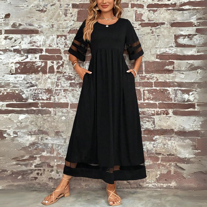 Women's Linen Maxi Dress High Waist Short Sleeve Casual Dress