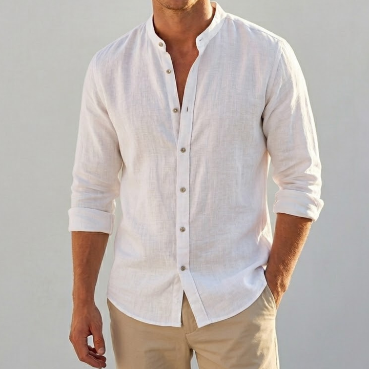 Linen Shirt Men's Grandad Collar Long Sleeve Casual Top