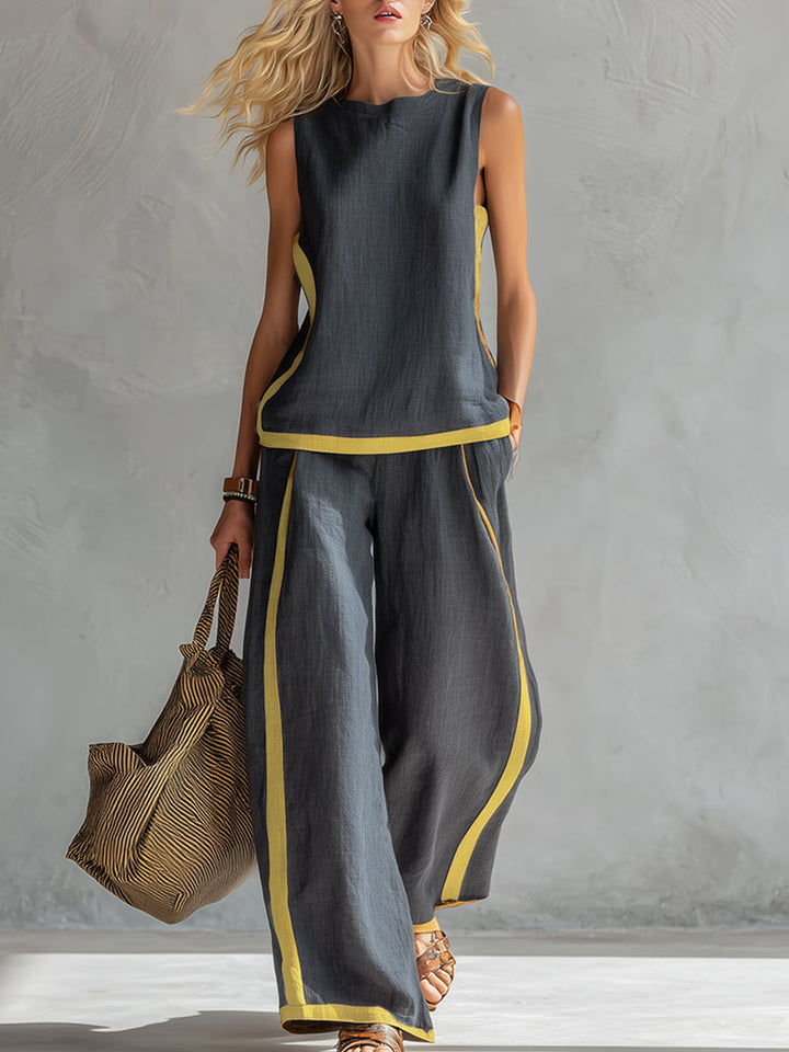 Women's Linen Blend Sleeveless Top and Wide-Leg Trouser Set