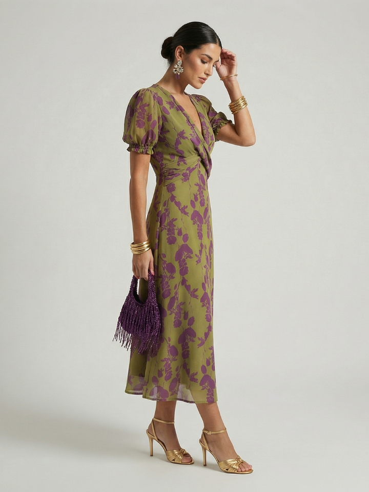 Women's Silk Short Puff Sleeve V Neck A Line Wrap Midi Dress