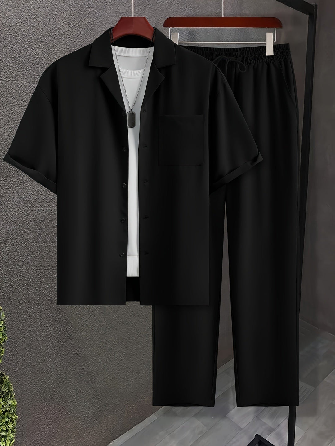 Men's Linen Blend Short Sleeve Shirt and Trousers 2-Piece Set