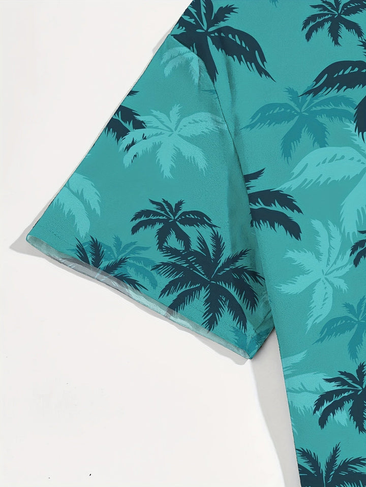 Men's Linen Palm Print Short Sleeve Hawaiian Button Down Shirt