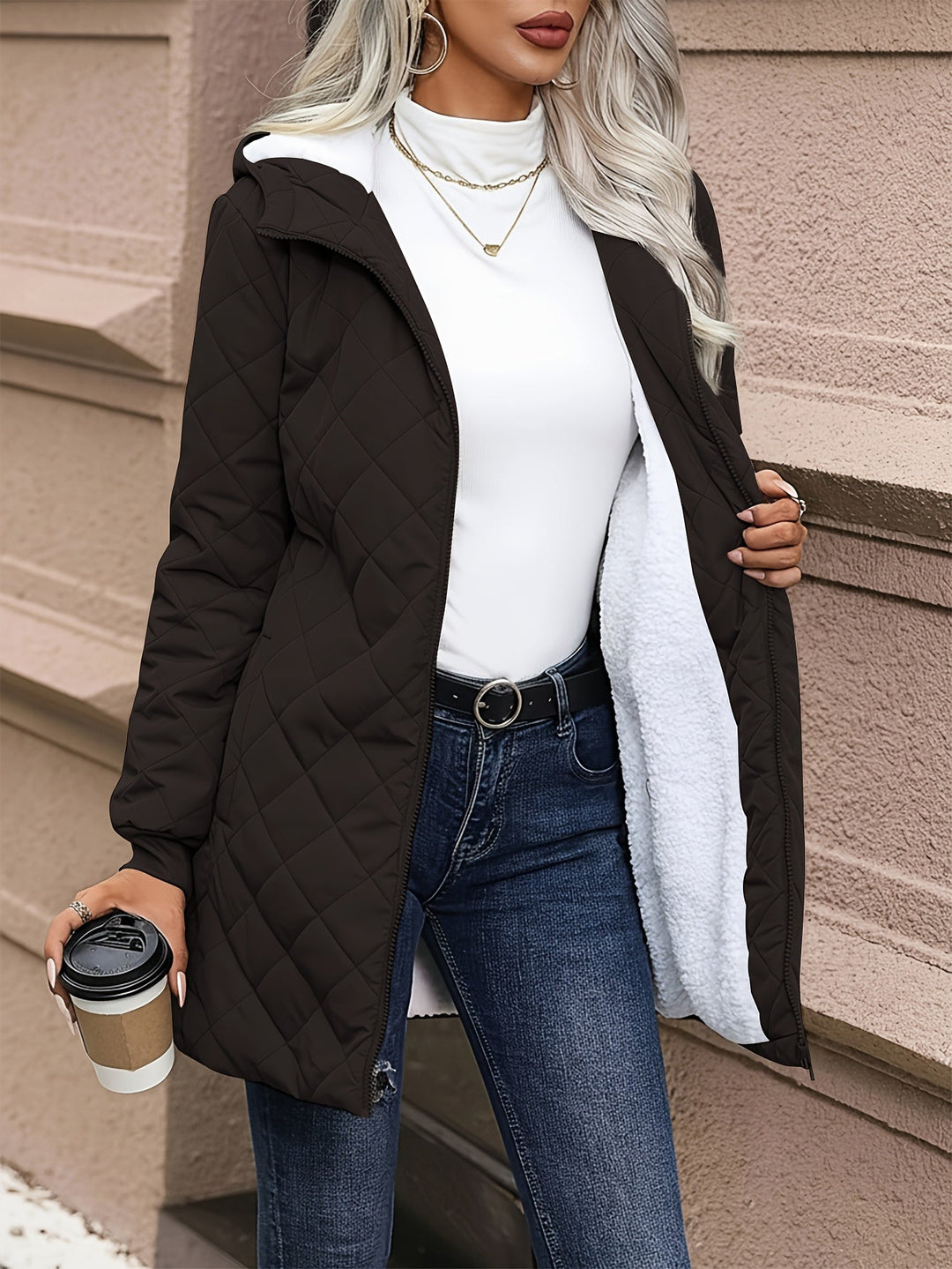 Women's Quilted Jacket Fleece Lined Hooded Coat