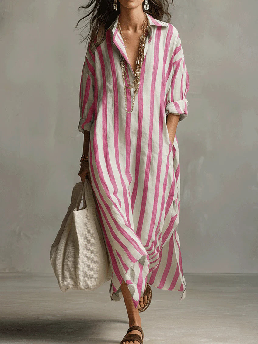 Women's Linen Striped Maxi Shirt Dress Casual Loose Fit Tunic