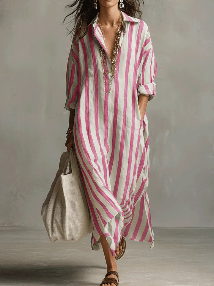Women's Linen Striped Maxi Shirt Dress Casual Loose Fit Tunic