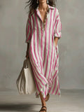 Women's Linen Striped Maxi Shirt Dress Casual Loose Fit Tunic