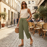 Women’s Linen Pleated Drawstring Wide-Leg Culottes