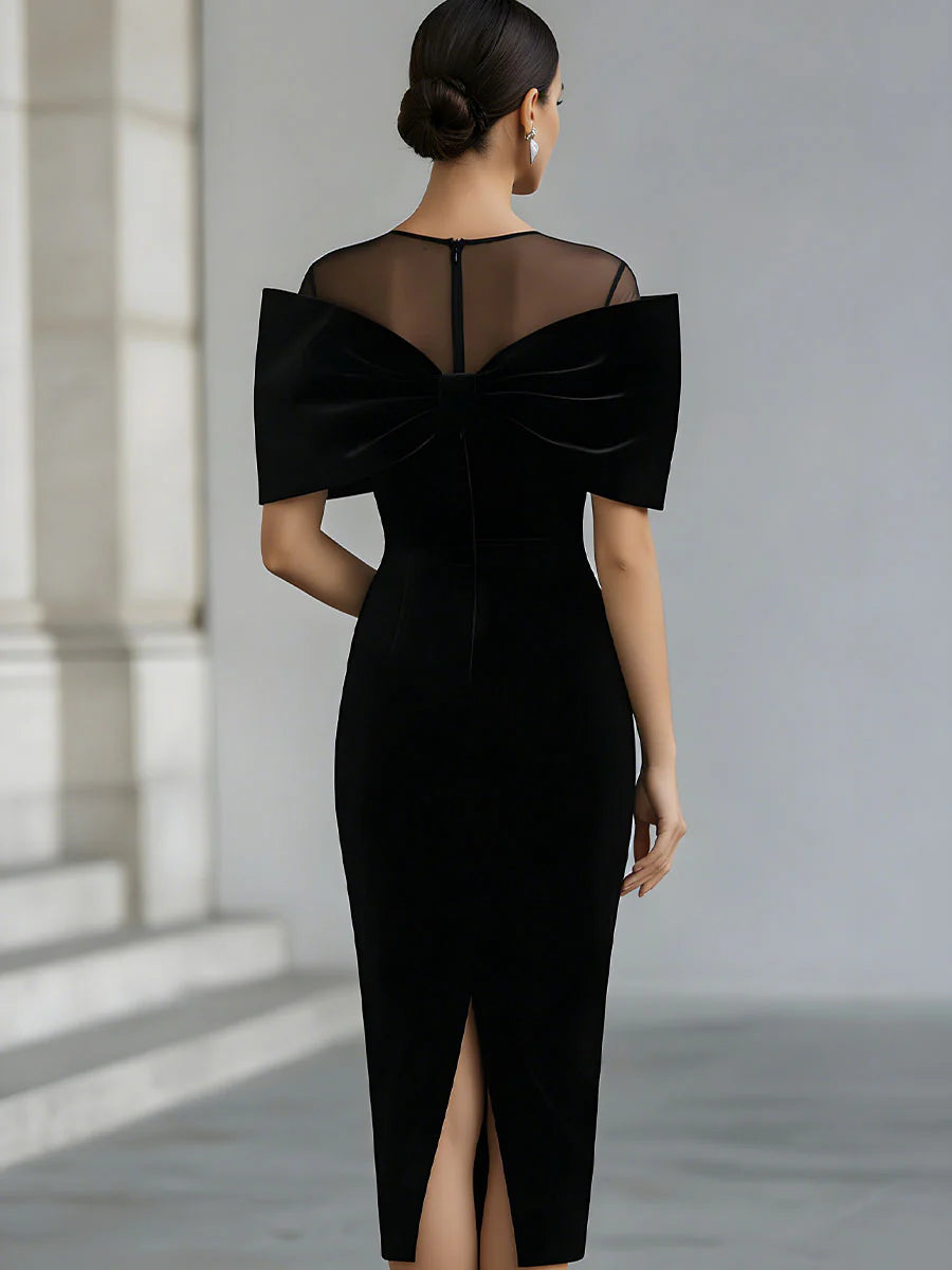 Women's Velvet Off-Shoulder Bow Midi Formal Evening Dress