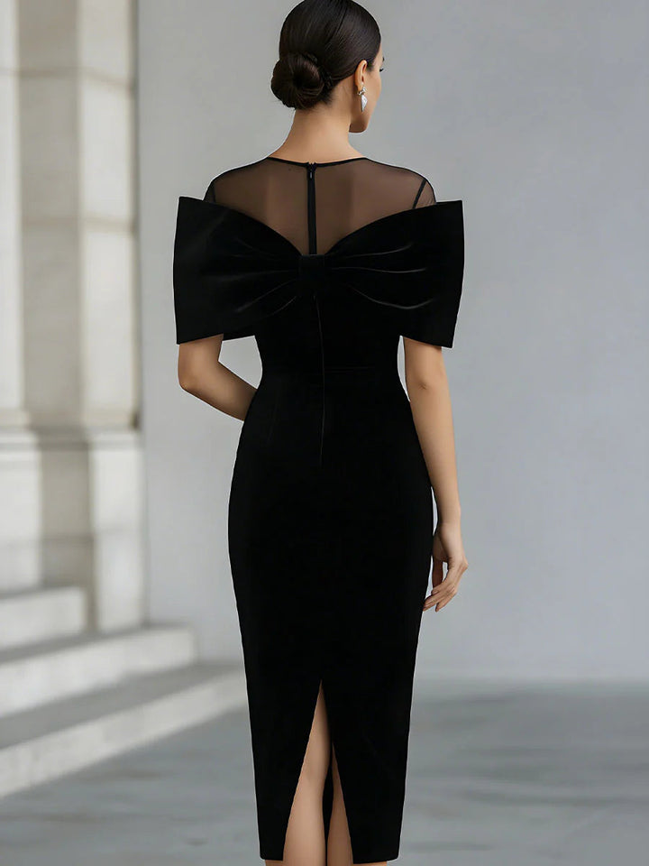 Women's Velvet Off-Shoulder Bow Midi Formal Evening Dress