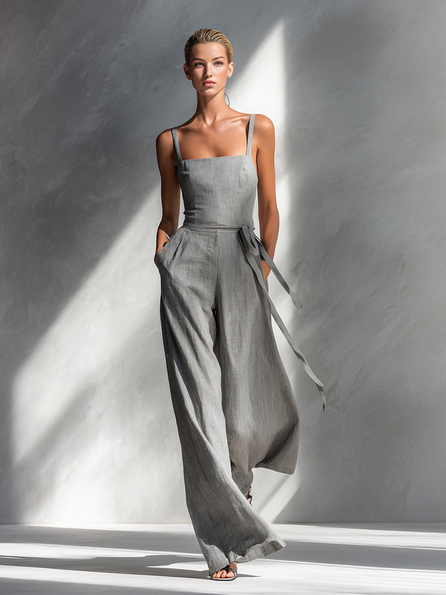Women's Linen Wide Leg Jumpsuit Sleeveless Romper Overalls