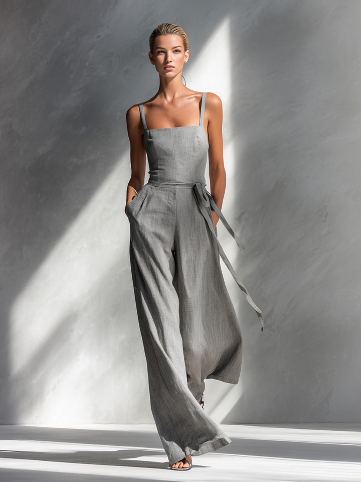 Women's Linen Wide Leg Jumpsuit Sleeveless Romper Overalls