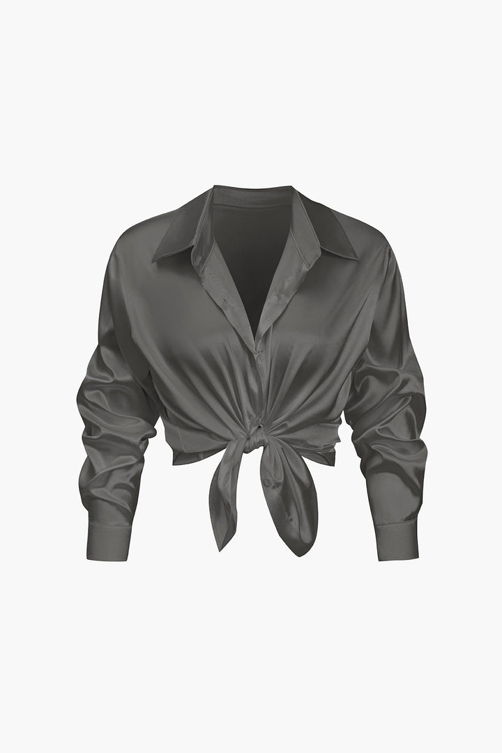 Women's Satin Long-Sleeve Blouse Elegant Silk-Feel Button-Down Shirt