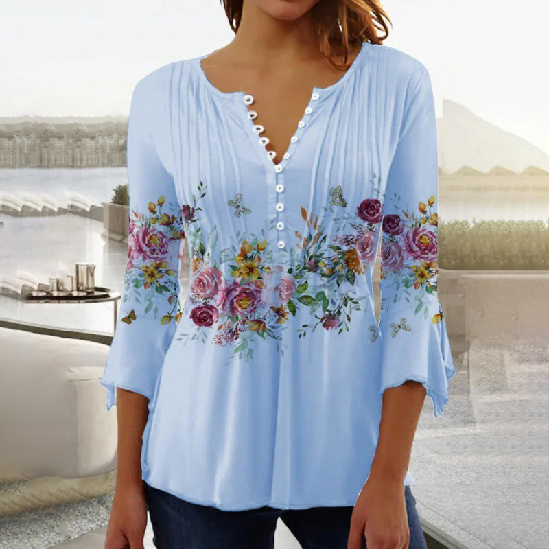 Women's Linen Floral Blouse V Neck 3/4 Sleeve Top