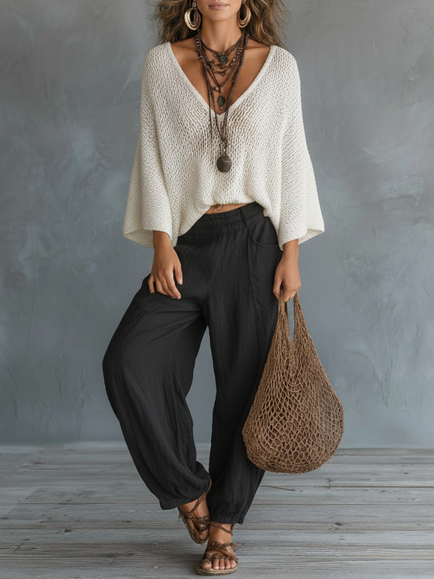 Women Knit Top Linen Pants Two Piece Set Outfit
